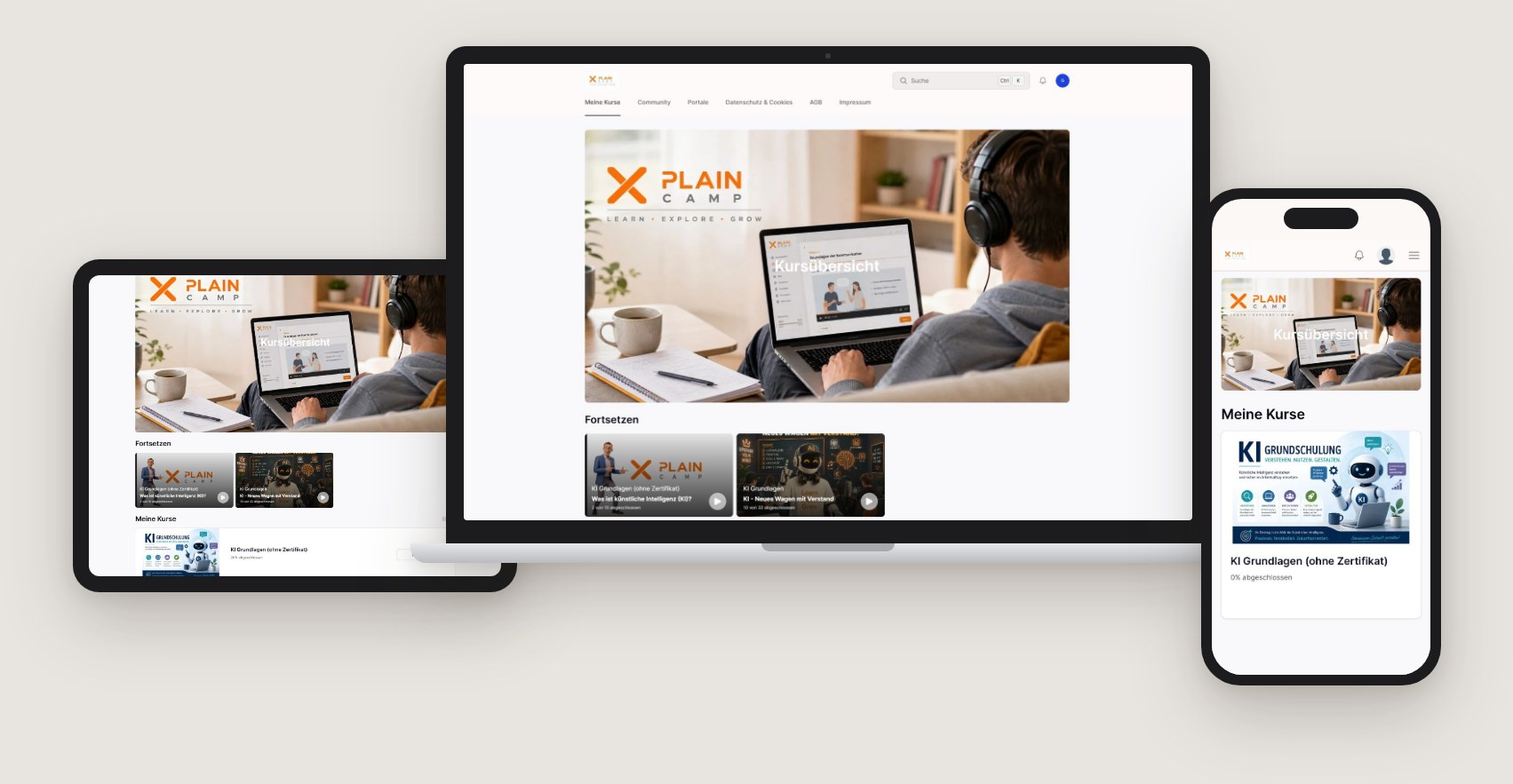 Kurs&uuml;bersicht von XplainCamp auf Memberspot &ndash; auf Laptop, Tablet und Smartphone